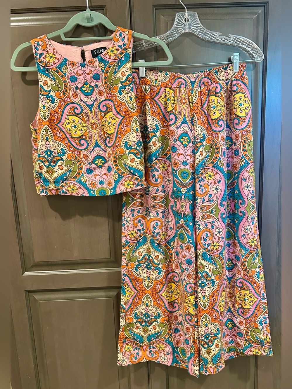 Fate Paisley Two-Piece Set in Pink, Teal & Yellow, Size S